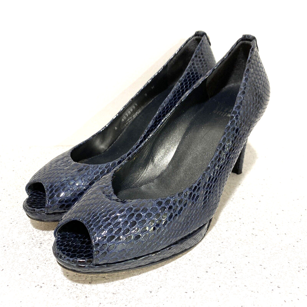 Stuart Weitzman Plainfield Platform Pumps 9N Sea Blue Snakeskin Leather Open Toe